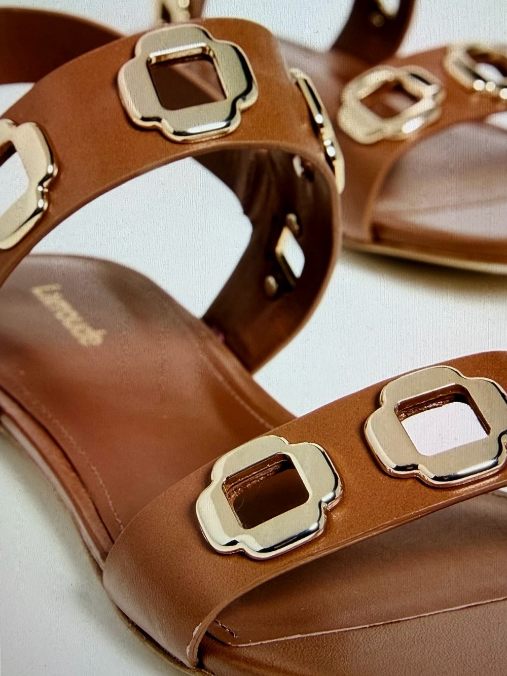 NIB and Box Larroude Milan Caramel Sandal with Gold Accents - Picture 7 of 8